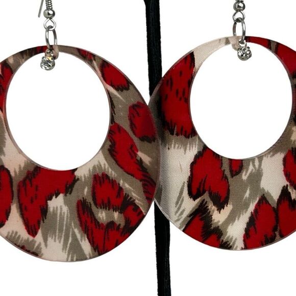 Vtg Dangle Earrings Women's 3 1/4" Red Gray Circle Acrylic Animal Print Pierced - Picture 3 of 7
